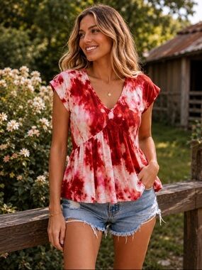 Misslook Red Pink Tie Dye V-Neck Peplum Top Size S Short Sleeve